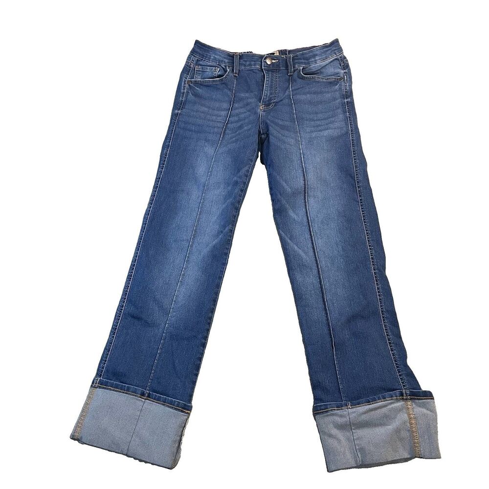 Love Trends Cuffed Cropped Jeans Mid Rise Med Wash Juniors Size 7 Exposed Seam